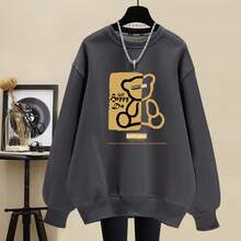 Women's Round Neck Cotton Fleece Lined Sweatshirt Plus Thick Warm Spring Autumn Winter High Street Casual Loose Age Reducing Pullover Top Outerwear - 深灰色(DD15熊寶寶印前)重磅純棉 - 查看 11
