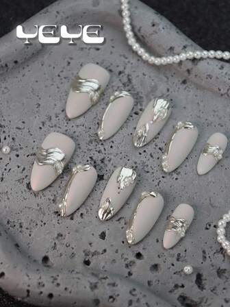 10片装棺材形优雅铬银珍珠白贻贝抽象魔镜粉全覆盖假指甲套装，哥特微闪珠光全覆盖亚克力按压式美甲套装，佩戴盔甲熔银珍珠蛤蜊，适合女性和女孩日常佩戴，欧式按压式美甲套装，包含1个迷你指甲锉和1张粘合贴片，适合派对、婚礼、日常佩戴，包含工具包，是送给女性和女孩的绝佳礼物，美甲用品