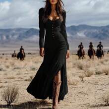 European And American Style Dress New Vintage Western Style Button Ruched Long Sleeve Sexy Long Dress - 象牙白 - 查看 3