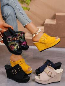 2026 New Women's Rivet Decor Sandals, Bohemian Style Fashion Wedge Heels, Summer Open Toe Slip-On High Heel Shoes, Suitable For Party, Date, Wedding And Many Occasions, Design - Yellow - View 7