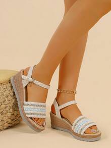 2026 New Women's Bohemian Style Fashion Wedge Sandals, Summer Thick Bottom Sandals, Slip-On High Heel Shoes, Suitable For Party, Date, Wedding And Many Occasions, And Popular - Beige - View 5