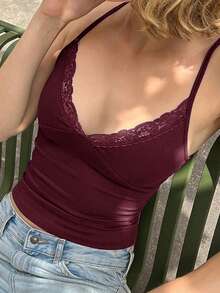 女式背心 夏季 Y2K 年轻热性感休闲蕾丝 V 领露背上衣 - 酒紅色 - 查看 6