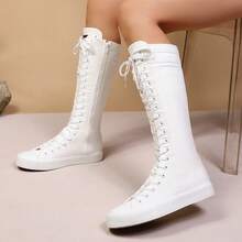 love ycodo Women & Girls Student Canvas Flat Over-The-Knee Boots, Side Zipper, Suitable For Dresses, Jeans, Parties, Cheerleading - White - View 4