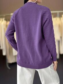 Plus Size Crew Neck Casual Long Sleeve Solid Color Knit Sweater, For Winter - Purple - View 3