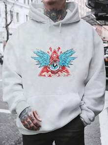 Men's Hooded Sweatshirt, Men's Fashion Hoodie With Triangular Eye Print, Blue Wings And Red Lightning Bolts For Daily Use, Social Outings, Winter And Spring, Christmas Outfit Ideas, Perfect For Outdoor Activities, Parties, And The Best Gift For Friends. - 灰色 - 查看 6