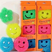 1/3pcs Multi-Color Kitchen Cleaning Sponge Set - Scratch-Resistant, Heat-Resistant, Commercial & Household Dish Washing Brush, Cartoon Smiling Face Dish Sponge, Kitchen Cleaning Sponge Pad, Dishwashing Cloth, Temperature Sensing Sponge Blocks - Multicolor - View 2
