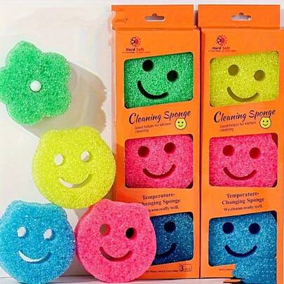 1/3pcs Multi-Color Kitchen Cleaning Sponge Set - Scratch-Resistant, Heat-Resistant, Commercial & Household Dish Washing Brush, Cartoon Smiling Face Dish Sponge, Kitchen Cleaning Sponge Pad, Dishwashing Cloth, Temperature Sensing Sponge Blocks