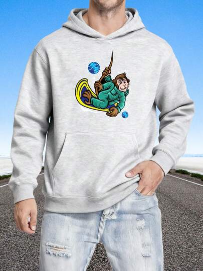 Suéter de cuello redondo con capucha de terciopelo suave para hombres Sudadera con capucha negra Mono astronauta en nave espacial estrellas y planetas diseño divertido para hombres mujer uso casual al aire libre Paseo por la ciudad, viaje de fin de semana, utilidad de bolsillo Regalos de Navidad