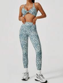 NcmRyu 一套女士豹纹弹力交叉前后运动文胸和紧身裤运动服套装 - 白色 - 查看 5