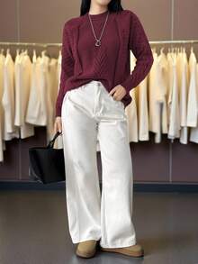 Plus Size Crew Neck Casual Long Sleeve Solid Color Knit Sweater - Burgundy - View 4