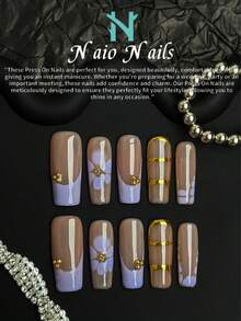 NAIO 10片/套 手工方形美甲贴片，Y2K 酷炫风格，裸色、紫色和金色法式边饰，饰有芙蓉花图案、雕刻、串珠和合金设计，适合派对、婚礼和日常佩戴。包含工具包，是送给女性和女孩的绝佳礼物。 - 彩色 - 查看 4