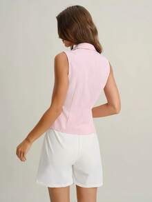 女士优雅无袖条纹纽扣衬衫，翻领，常规长度，涤纶面料，无弹力，适合夏季穿着，粉色 - 粉色 - 查看 2