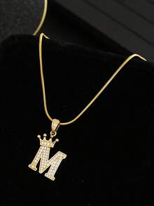 1pc Fashionable Crown & Letter Copper Pendant Stainless Steel Snake Chain Necklace, Customized A-Z Initial Necklace For Kids, Friends, Family As Birthday Gift - Gold - View 3