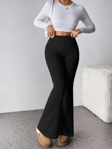 Pantalon évasé à taille haute élastique de couleur unie pour femmes, leggings de yoga, pantalon de compression serré pour les sports, la course, le fitness, le printemps/l'été - Noir - Voir 2