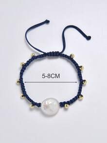 1pc 18K Gold Plated Natural Pearl Handmade Braided Bracelet, Suitable For Men And Women, Everyday Wear - Blue - View 4