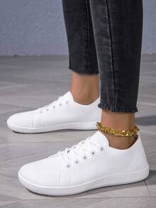 Women's Wide Toe Box Knit Sneakers, Minimalist Breathable White Lace-Up Non-Slip Casual Sports Shoes - White - View 3