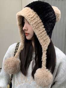 1pc Women's Knitted Hat, Warm Thermal Lined Beanie Cap With Ear Flaps & Pom Pom, Suitable For Autumn & Winter Everyday Wear