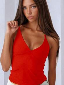 Minimalist Halter Top With V-Neck And Neck Tie - Summer - Red - View 3