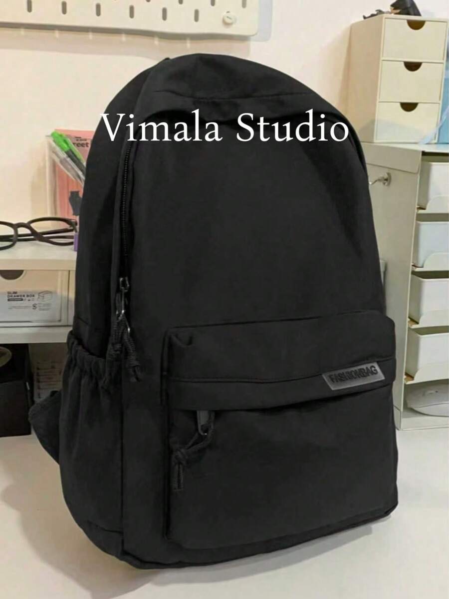 Large Capacity Solid Color Men's Backpack, Fashion Minimalist Travel Bag, Suitable For Casual Use, Japanese Style, Student Commuter Backpack, Unisex Large Capacity Schoolbag Bag For School College - Black - View 1