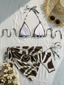 波西米亚风性感露背比基尼套装，女士款，抽象印花系带露背上衣搭配短裙和丁字裤泳裤，高弹力泳衣 - 彩色 - 查看 4