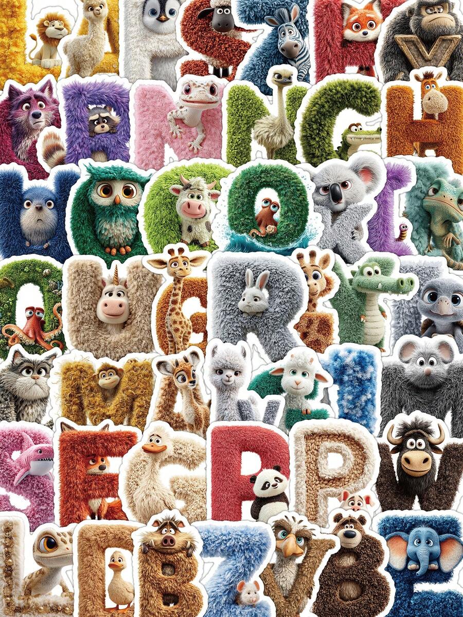 53/56 piezas Pegatinas del alfabeto animal, patrones de animales de dibujos animados, educativo y entretenido, adecuado para diarios de niños, botellas de agua, portátiles, que inspiran la creatividad y el interés por el aprendizaje