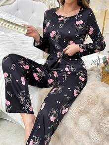 2pcs Women Cute Cherry Print Comfortable Long Sleeve Pajama Set - Black - View 2