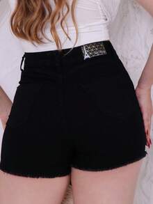 Saia Shorts Jeans Feminina – Cintura Alta e Modelo Moderno - Preto - Visão 5