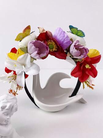 1pc Floral Headband With Butterfly & Magnolia Flowers, Nature-Inspired Headpiece For Wedding, Party, Prom