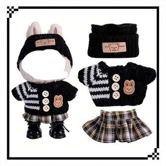 1/2套时尚服装套装，适合La Bubu娃娃（不含娃娃，手工编织，6.69英寸娃娃服装，时尚渔夫帽毛衣和裤子或裙子套装，时尚有趣的配饰，适合6.69英寸娃娃，可爱的娃娃配件，可用于玩耍和展示，适合作为女儿的生日、周年纪念日和节日礼物（不含鞋子和娃娃））