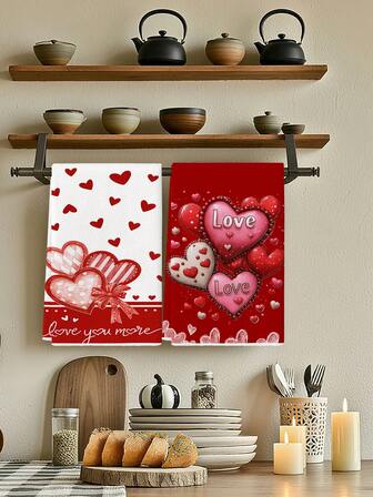 2 Toallas de cocina con forma de corazón rojo - Toallas de plato del Día de San Valentín del amor eterno, toallas de aniversario, toallas de boda, decoración del hogar, toallas de cocina y baño