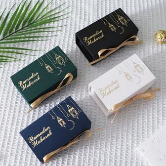 10개 라마단 Eid 무바라크 선물 상자 - 골드 랜턴 및 달 디자인, 리본이 달린 직사각형 종이 상자, Eid Al-Fitr를 위한 무슬림 휴일 파티 사탕 용기