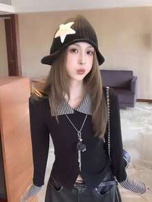 时尚女士长袖翻领T恤，独特设计 - 黑色 - 查看 2