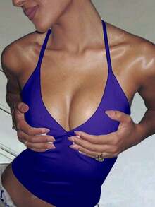 Minimalist Halter Top With V-Neck And Neck Tie - Summer - 寶藍色 - 查看 2