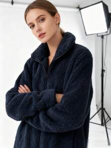 This Sophisticated Women's Long Zip-Up Lapel Blazer Features A Loose Fit And Warm Fleece Lining, Perfect For Casual Autumn And Winter Wear, Exuding A Relaxed And Carefree Vibe. - 海軍藍 - 查看 5