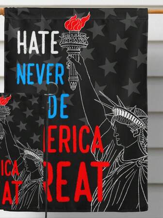 爱国主义“仇恨从未使美国伟大”麻布花园旗 - 双面，耐用户外装饰，适用于庭院、门廊和露台，12x18 英寸，不含旗杆