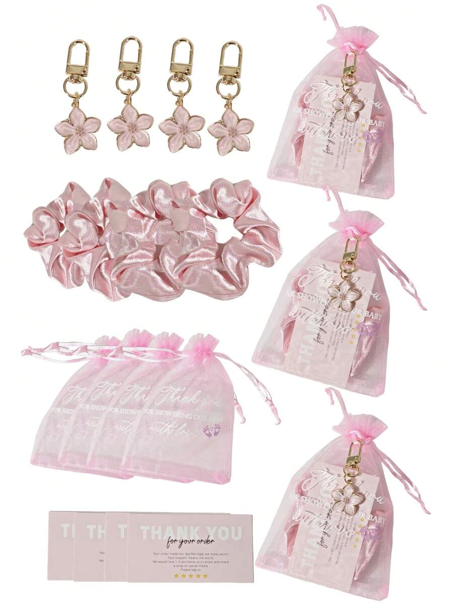 16pcs Gift Set, Includes Charms, Hair Ties, Thank You Tags And Organza Bags, Suitable For Wedding, Birthday Party Gifts, Party Favors, Bridal Shower Gifts, Wedding Decorations, Guest Souvenirs ,Scrunchies ,Scrunchy Hair Ties - Multicolor - View 1
