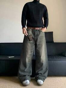 1 件装男士时尚休闲百搭宽松破洞牛仔阔腿牛仔裤