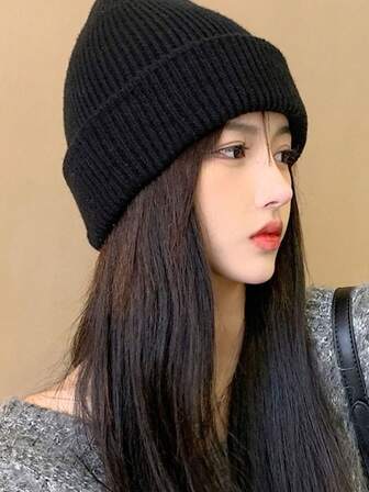 1pc Women's Solid Color Double-Layer Cuffed Fashionable Knit Beanie Hat, Warm For Outdoor Use In Autumn/Winter