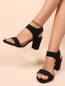 Teens' High Heel Sandals, Suede Peep Toe Chunky Heel Sandals, Fashionable Strap Wide-Fit Women Sandals - Black - View 3