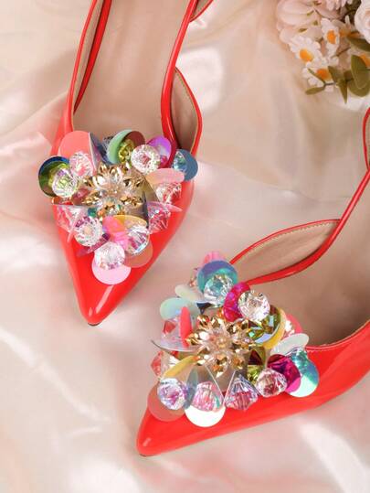 2pcs Detachable DIY Shoe Accessories, Faux Fish Scale Decor Colorful Magenta & Silver Triangle Shaped Fashion Elegant Luxurious High Heel Shoes Hole Decoration, Suitable For Women's High Heels, Sandals, Pumps For Workplace, Business, Date, Party, Holiday