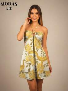 Women's Short Romantic Floral Blue And White Dress With Halter Neckline For Vacation, Spring And Summer Fashion. - Màu vàng - Xem 2