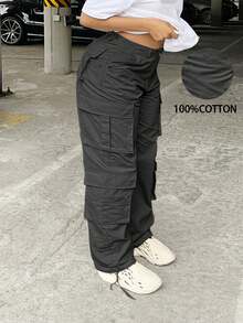 Plus Size Women's Solid Color Straight Leg Loose Casual Multi Pocket Cargo Pants - Dark Grey - View 1