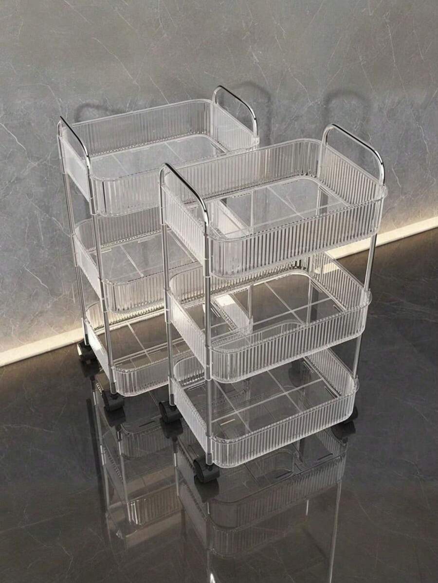 1pc 2/3/4 Tier Rolling Cart, Transparent Multipurpose Storage Cart With Handle And Wheels, Mobile Shelving Unit For Office, Bathroom, Kitchen And Living Room, Practical Transparent Cart, Home Organization - Clear - View 1