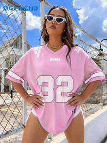 GEMCHO 32# 复古美式V领短袖橄榄球球衣，适合派对、训练和比赛，透气运动衫，粉色夏季款 - 粉色 - 查看 4