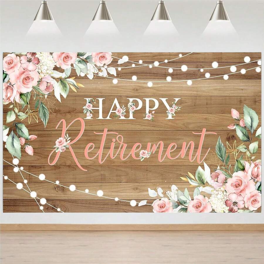 1pc Rustic Retirement Backdrop Banner Women Happy Retirement Party Decorations Pink Floral Retired Party Photo Booth Props - Multicolor - View 1