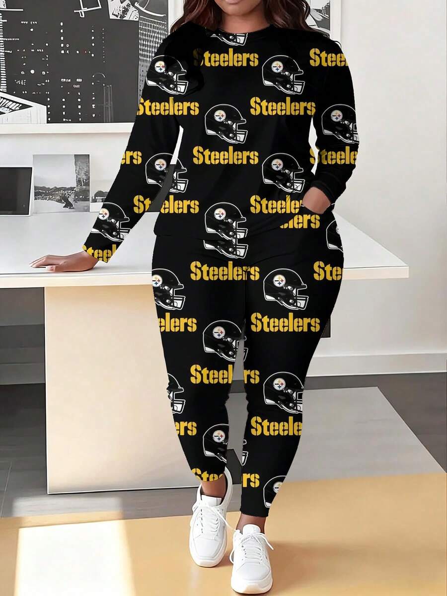 Pittsburgh Steelers Plus-Size Women's Long-Sleeved Leggings Set For Rugby League, Plus-Size Women's T-Shirts And Leggings Sportswear, Christmas, Halloween, And Birthday/Valentine's Day Gifts. - 風格 - 查看 1