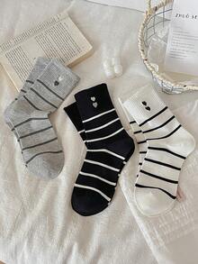 3 Pairs/9 Pairs Women's Regular Striped, Heart, Cartoon Pattern Soft Comfortable Mid-Calf Socks, Spring - Multicolor - View 6