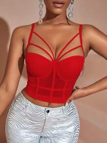 Rave Chất rắn Cắt ra Không lưng Bustier Crop Cami Áo nịt ngực Trang phục câu lạc bộ Áo - Đỏ - Xem 1