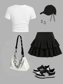 Tween Girl Cartoon Print Round Neck Short Sleeve Top And Bubble Skirt Set - White - View 2