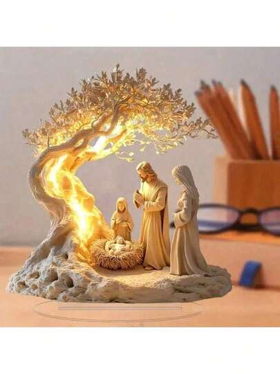 2D平面优雅基督教主题桌面摆件，带底座 - 亚克力材质，经典风格展示牌，适用于家庭和办公室，是圣诞节、新年、感恩节的绝佳礼物之选。